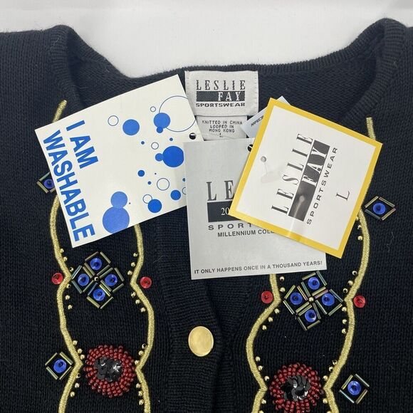 Leslie Fay Vintage Women Large Black Sweater Beaded Embellished Sequin Cardigan - Picture 4 of 15
